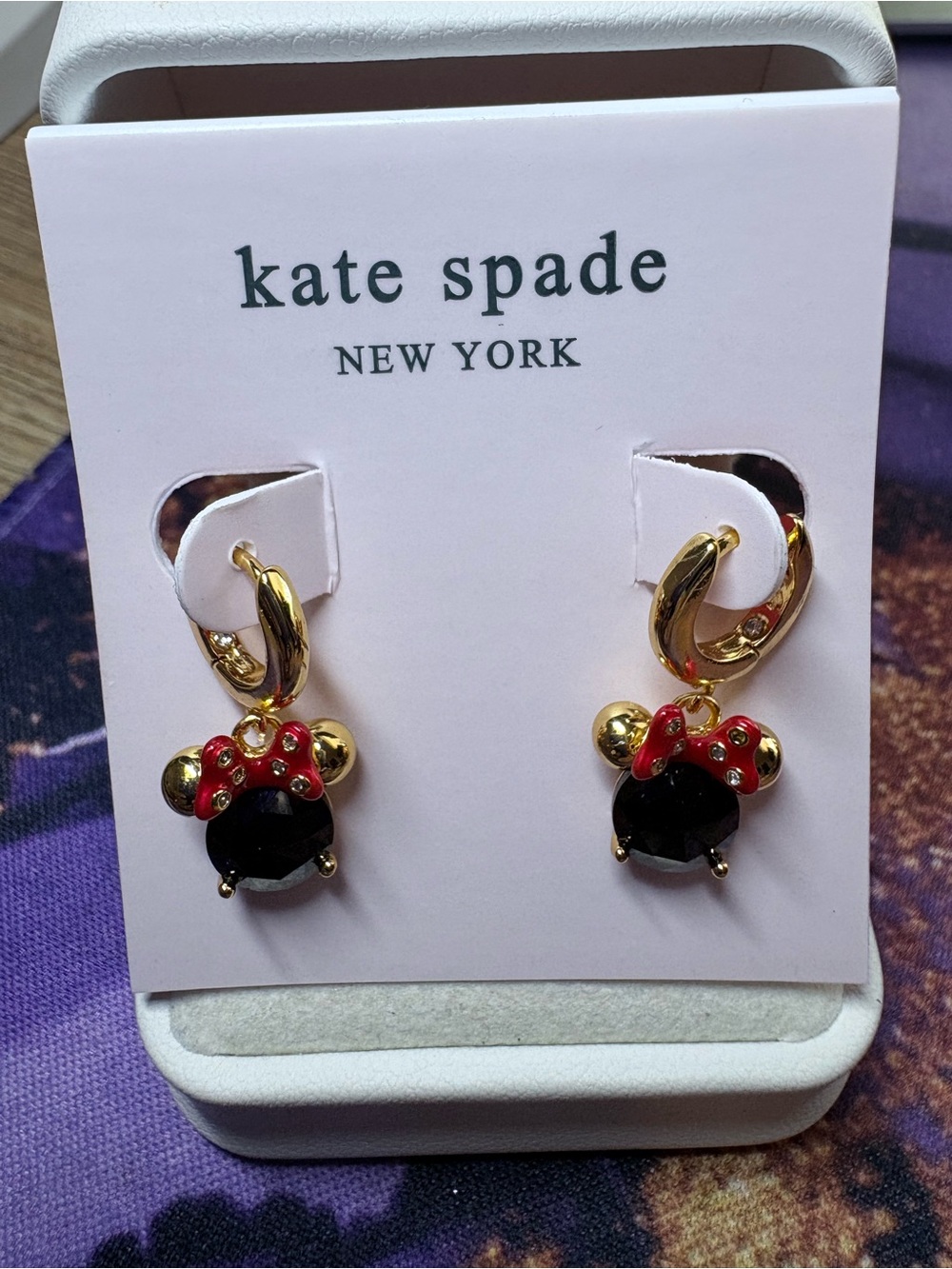 kate spade Gold-Tone Hoop Earrings with Black Stones and Red Bow Accents NWT